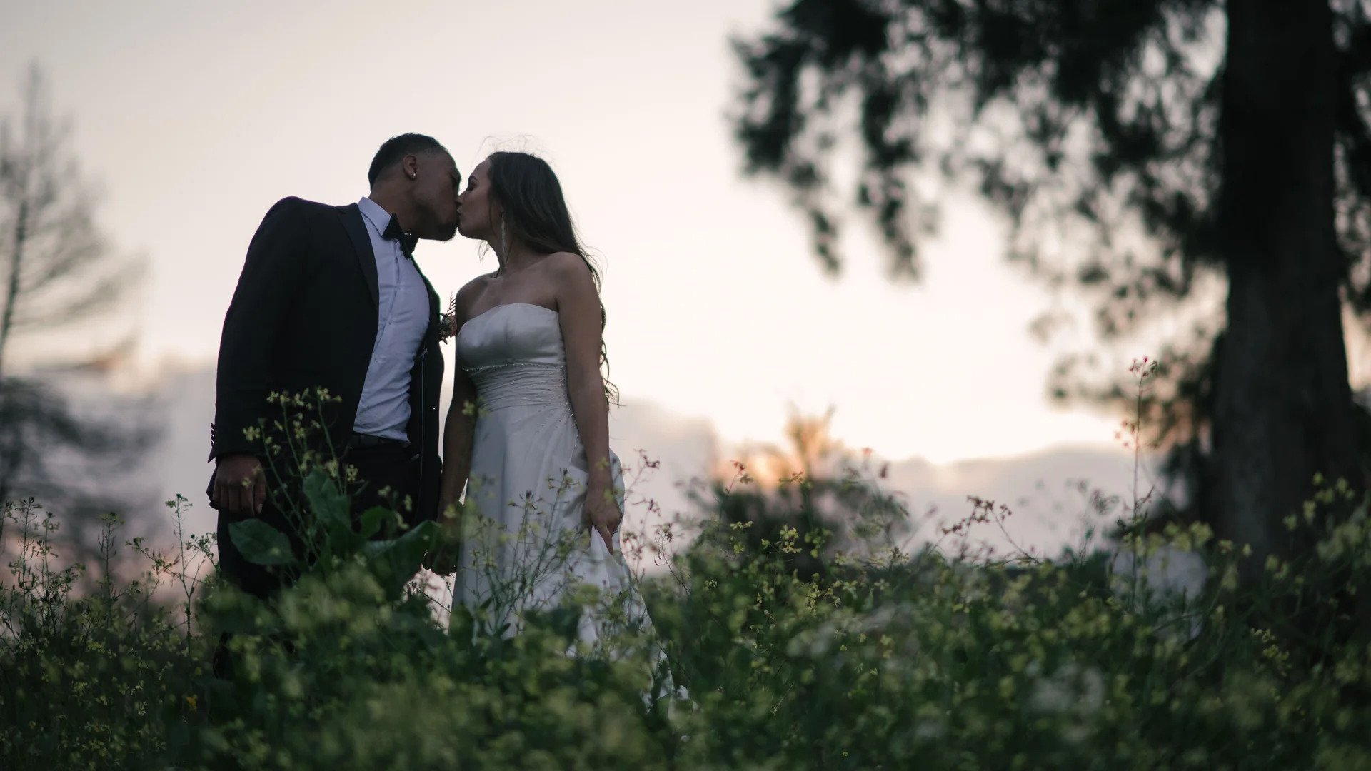 Casal de noivos se beijando ao entardecer em ambiente externo